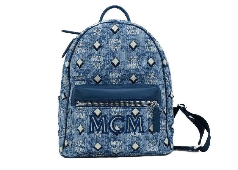 MCM Stark Small Blue Vintage Jacquard Monogram Logo Fabric Backpack Women's Bookbag