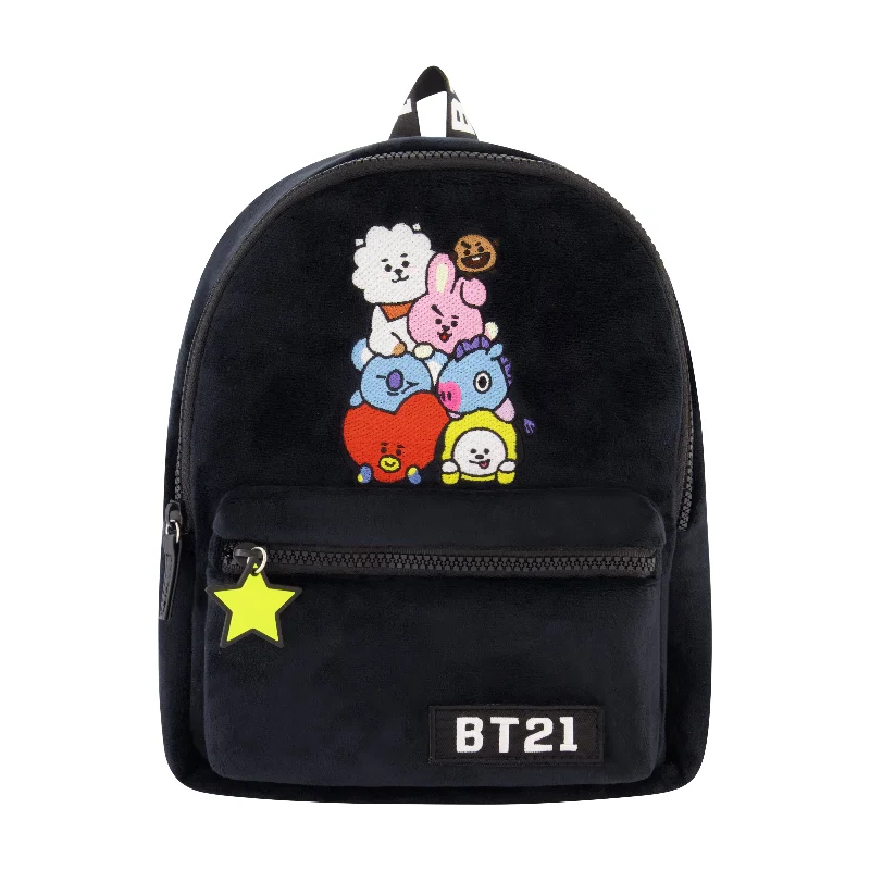 Line Friends BT21 Plush Backpack - Plush Mini Backpack - Tata, Van, Chimmy, Cooky, Shooky and RJ (Black)