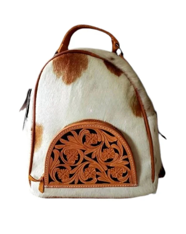 Women's Cowhide Backpack In Tan & White