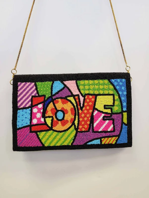 Beaded Leather Love Art Clutch In Multi