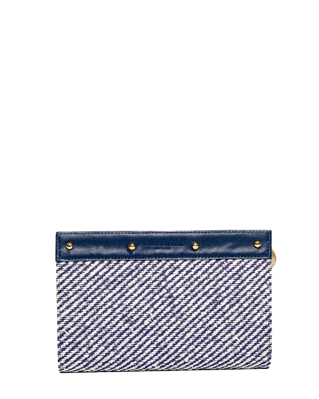 Lizzie Reversible Clutch Cover: Dove Grey Pebble Reversing to Bright Navy & White Chevron Raffia