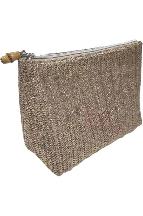 Metallic Silver Raffia Make Up Clutch