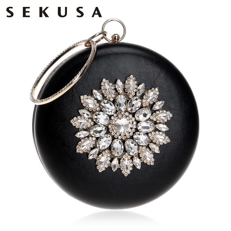 SEKUSA Diamonds Flower Women Pu Fashion Bag Small Day Clutch Evening Bag Crystal Chain Shoulder Handbags For Party Wedding Purse