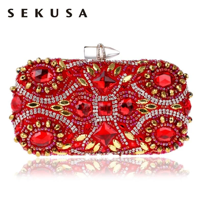 SEKUSA Embroidery Red Evening Bags Chain Shoulder Beading Clutch Lip Metal Rhinestones Lady Purse For Wedding Party Dinner