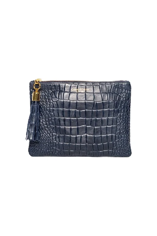 Shaker Shiny Navy Croc Embossed Tassel Clutch