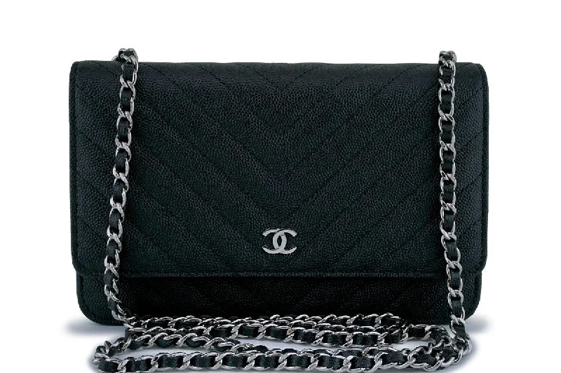 New Chanel Black Caviar Classic Chevron Quilted WOC Wallet on Chain Flap Bag SHW