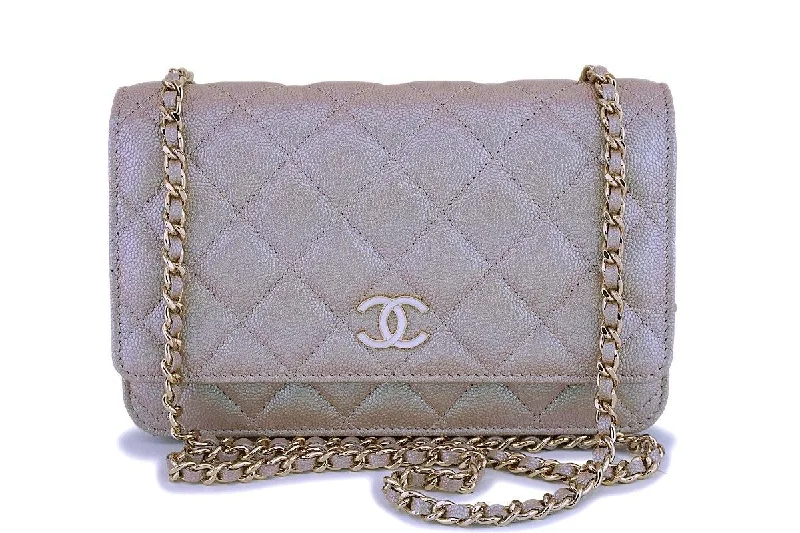 NIB 19S Chanel Iridescent Taupe Beige Rose Gold Pearly CC Wallet on Chain WOC Flap Bag