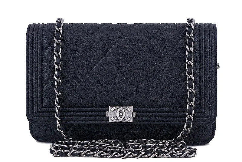 NWT 16A Chanel Black Caviar Boy Classic Quilted WOC Wallet on Chain Flap Bag