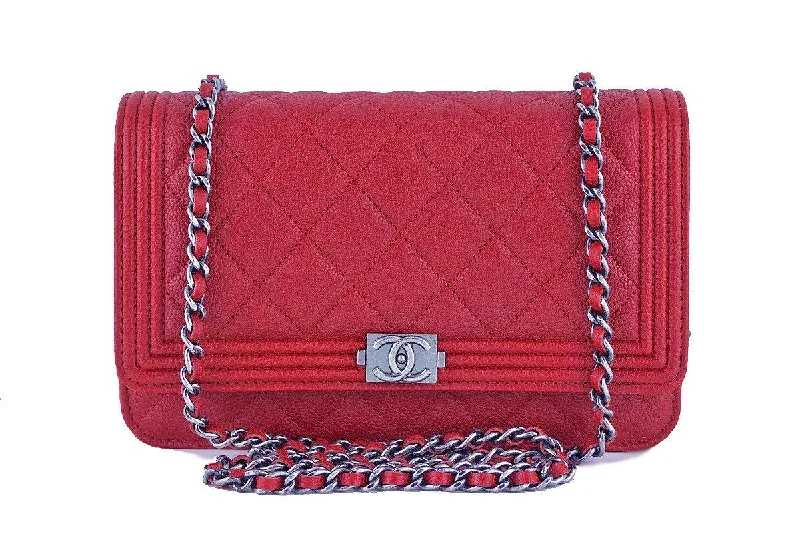 NWT 16A Chanel Red Caviar Boy Classic Quilted WOC Wallet on Chain Flap Bag