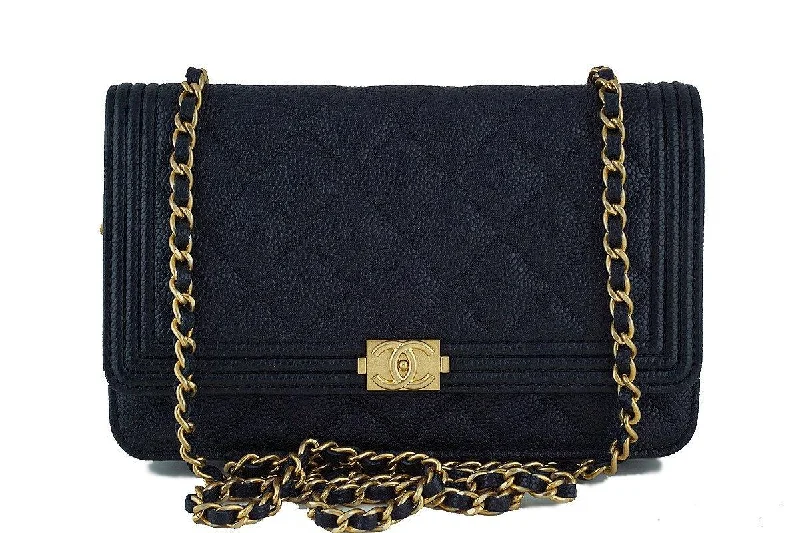 NWT 17C Chanel Black Caviar Boy Classic Quilted WOC Wallet on Chain Flap Bag