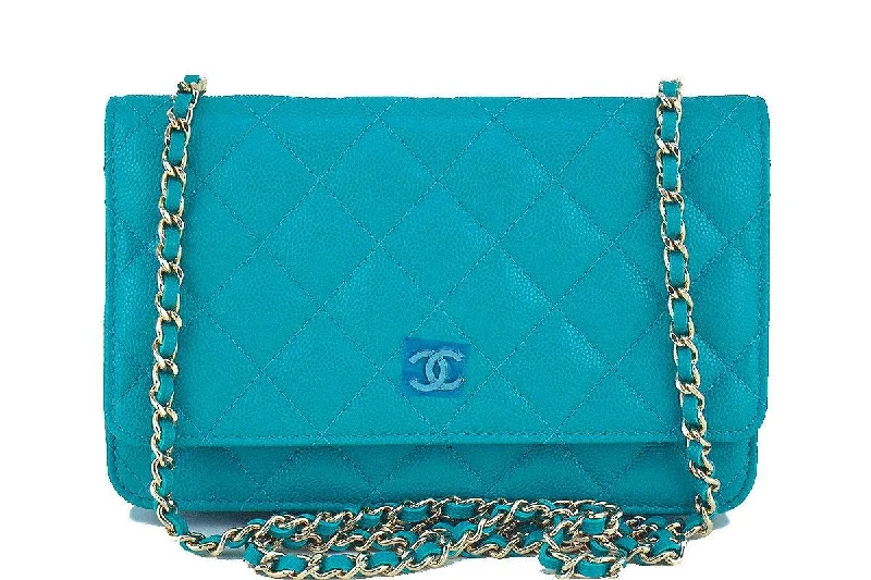 NWT 17C Chanel Turquoise Caviar Classic Quilted WOC Wallet on Chain Flap Bag