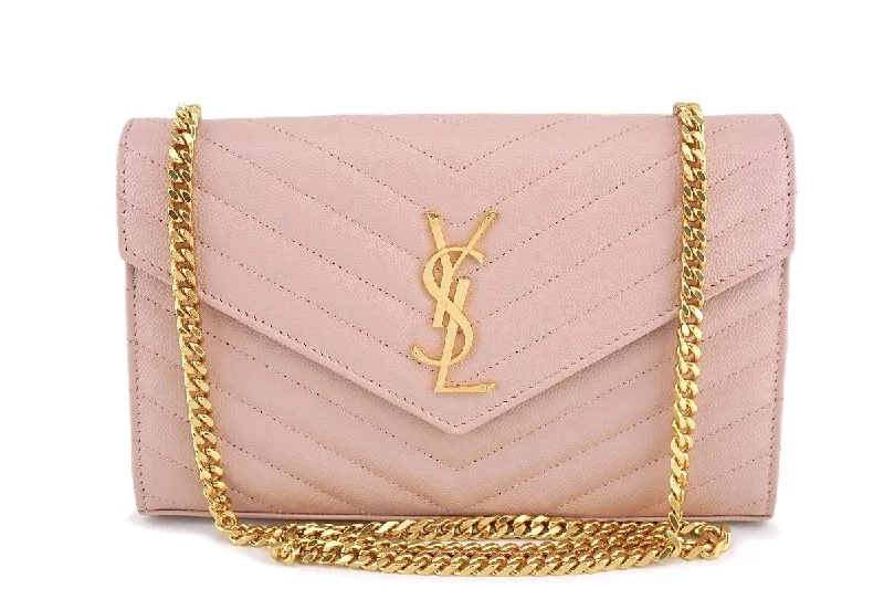 YSL Saint Laurent Nude Pink Powder Beige Grain de Poudre Wallet on Chain WOC Bag SHW