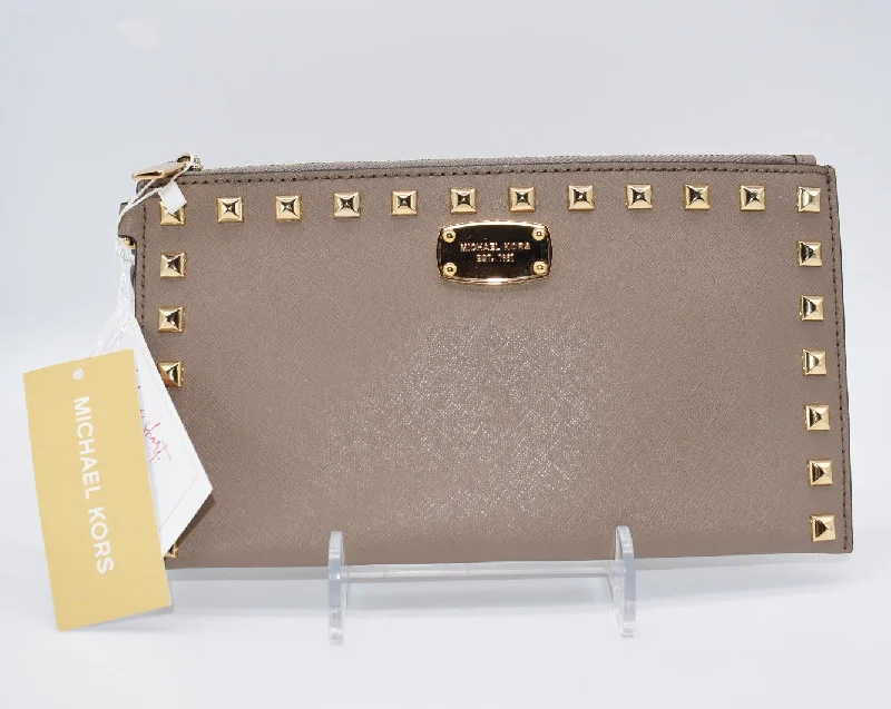 Michael Kors Studded Saffiano Leather Clutch in Taupe