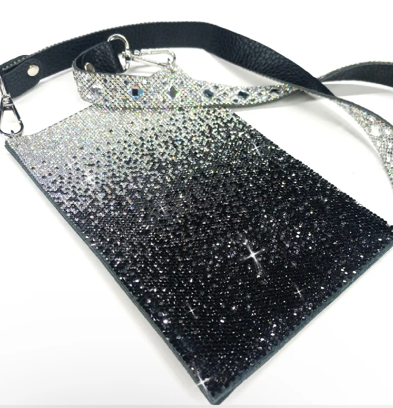 BELIEVE BLACK OMBRE CRYSTAL CELLPHONE CROSSBODY MESSENGER PURSE