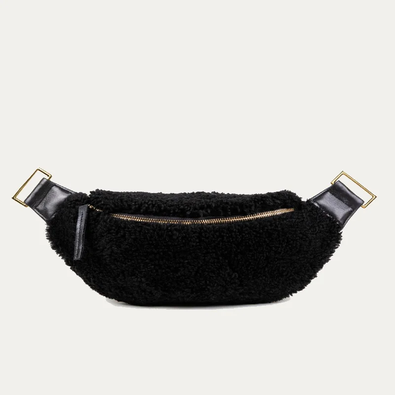 Genuine Shearling Fanny Pack + Crossbody Bag | Black + Gold Hardware