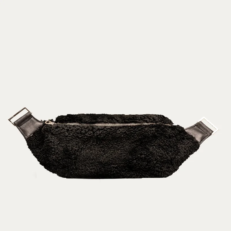 Genuine Shearling Fanny Pack + Crossbody Bag | Black + Silver Hardware