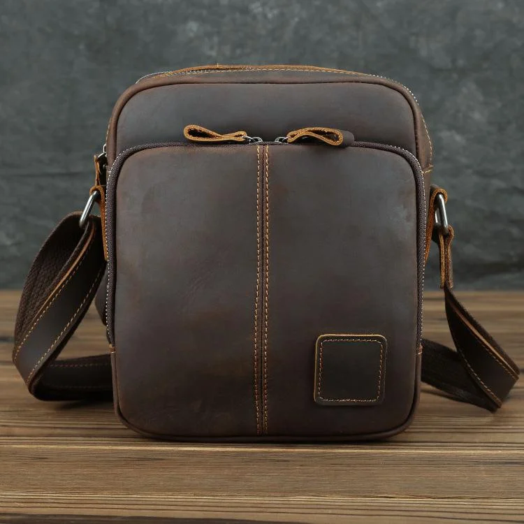 Casual Leather Brown Mens Vintage Small Side Bag Vertical Messenger Bag Shoulder Bags For Men