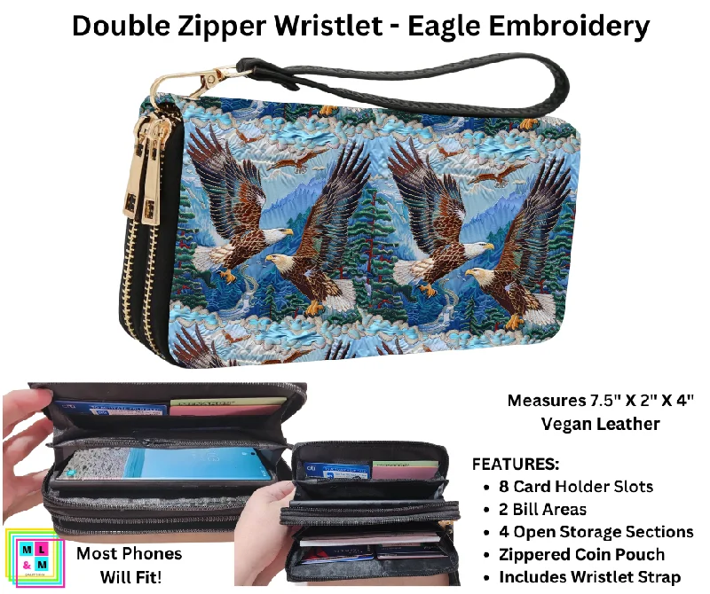 Eagle Embroidery Friends Double Zipper Wristlet