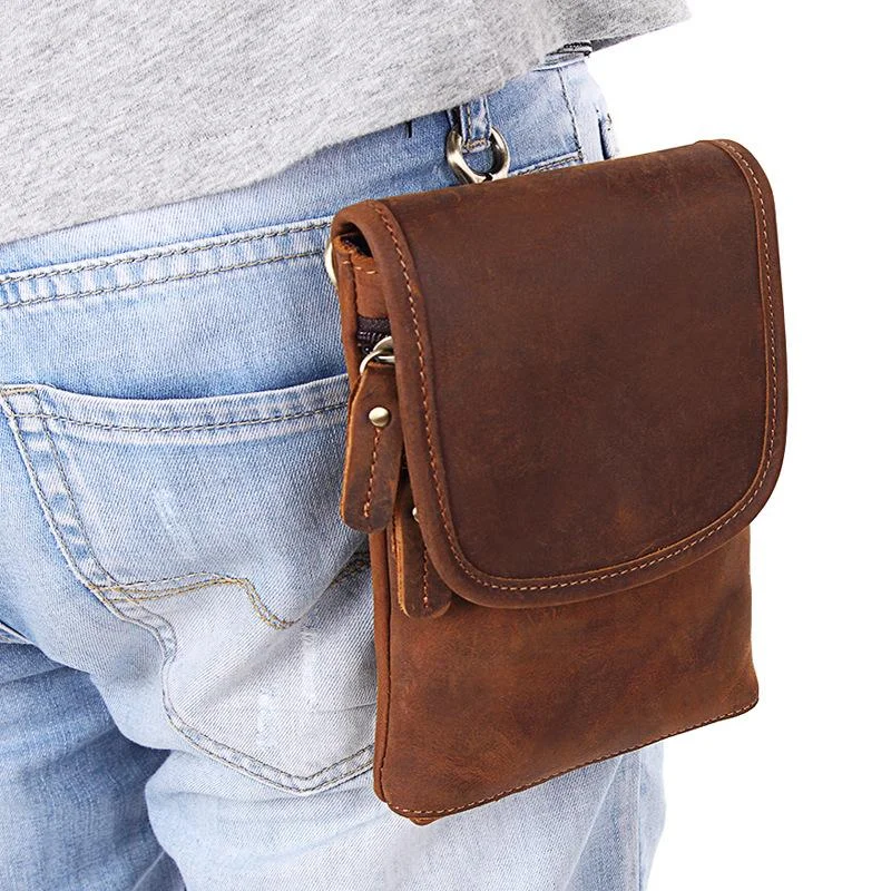 Cool Brown Leather Mens Mini Shoulder Bag Belt Pouch Belt Bags For Men